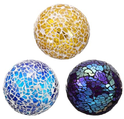 sourcing map 3Pcs Decorative Glass Balls 2.36 Inch Orbs Centerpiece Balls Mosaic Glass Ball Sphere for Decor Bowls Vases Dining Table Party, Gold Tone, Blue, Purple