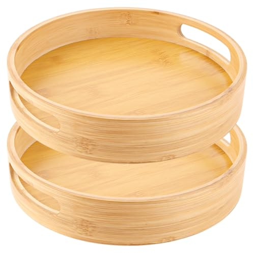 LDXDRU 2 Stück 25cm Holztablett Rund, Bambus-Serviertablett mit Griffen und erhöhtem Rand, Dekorative Holztablett für Küche, Obst, Tee, Wein, Getränke