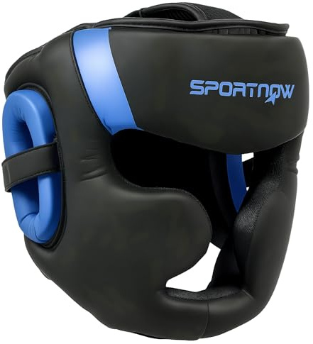 SPORTNOW Casque de Boxe avec Sangle réglable pour Une Protection complète du Visage pour Kickboxing, Sparring, Arts Martiaux, karaté, Taekwondo, Bleu/Noir