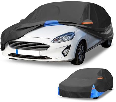 Partuto All-Weather Waterproof Car Cover - UV-Resistant Outdoor Full Exterior Protection for Ford Fiesta Hatchback 210D-PU Black Blue with Right Side Zipper