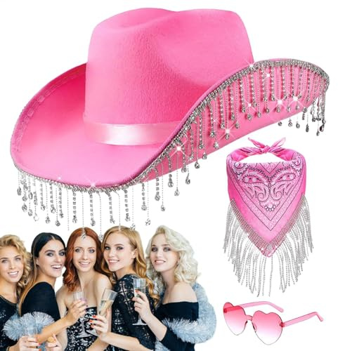 Dopsyesn Cowboy Hut Set Mit Strass & Fransen (3-teilig) | Schwarze Cowboybrille + Bandana | Glitzernder Kostümhut Für Damen/Herren | Western-Party, Karneval, Rolle