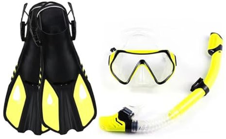 QIUYMGFG Tauchmasken Taucherbrille, hochtransparente Tauchmaske mit DREI Fenstern, komplettem Trockenschnorchel und verstellbaren Flossen Taucherbrille(Yellow,L/XL)