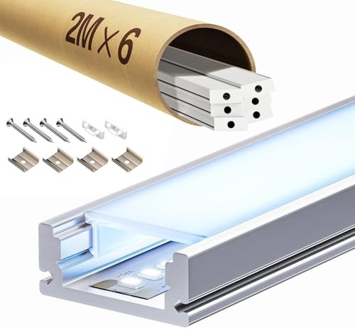 ClarivantiLED LED Profil Schiene 2m aus eloxiertem Aluminium, Aluminium Profil passend für 12mm Streifen, mit opalem Diffusor (SP26, 6 Stück (insgesamt 12m))