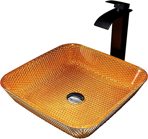 HADECOLL Lavabo De Salle De Bain Transparent, Vasque De Salle De Bain 40 Cm, Vasque À Poser avec Robinet, Vasque De Salle De Bain pour Hôtel, Jaune