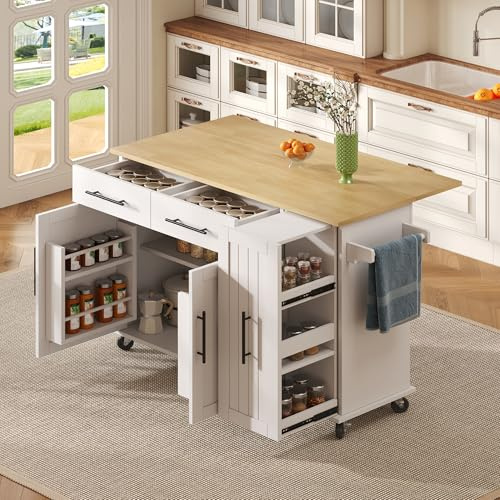 KUAKE Kücheninsel mit klappbare Arbeitsplatte, beweglicher Küchenwagen mit 2 Türen, 3 Schubladen, Lagerraum Ausziehbar für Gewürzregal, Handtuchregale an der Seite, 120x 40(65) x 90cm (Weiß-B)