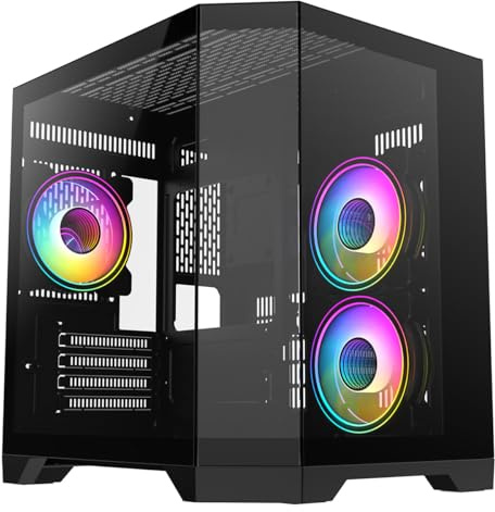 CiT DS240 Black Dual Chamber Panoramic Three-Sided Tempered Glass Micro-ATX PC Computer Case With 3 x 120mm CiT Celsius 120mm Infinity ARGB PWM Fans Bundled & 6-Port PWM Fan Hub Included