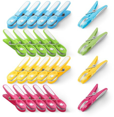 KEPLIN Clothes Pegs for Washing Line - 24 Pack (Multicolour), Metal Spring for Strong Grip, Designed to Avoid Marks, UV Resistant Plastic for Indoor & Outdoor