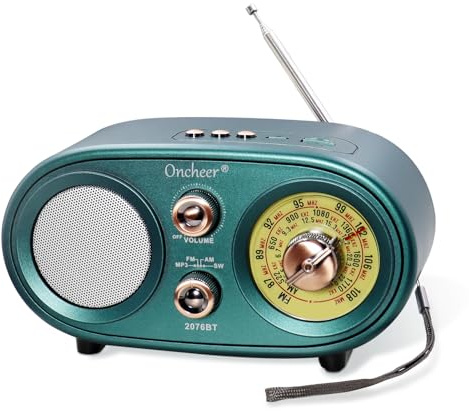 Oncheer Portable Retro Vintage Bluetooth Speaker Radio, FM/AM/SW 3 Band, Adjustable Antenna, Battery Powered, Support TF Card, USB Playing Music, Home Decor Gifts for Friends Family -Greencolor