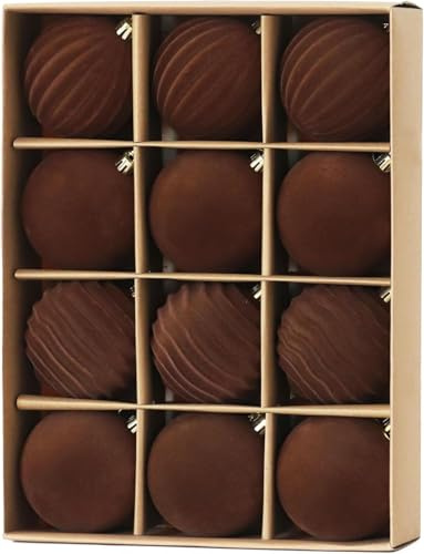 LATERN 12Pcs Velvet Christmas Baubles, 8CM Brown Flocked Christmas Ball Ornaments Shatterproof Christma Hanging Balls Sets for Christma Tree Holidays Home Xmas Party Decoration (3 Styles)