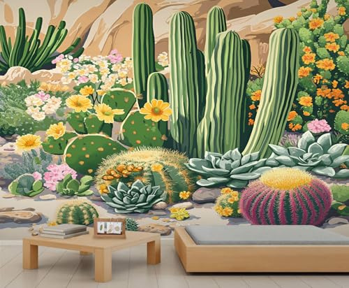 YEMYOR Cactus Murals Desert Cactus Flower Wallpaper Colorful Cartoon Succulent Flower Living Room Mural Wallpapers Desert Natural Landscape Wall Mural Renter Friendly Wallpaper-150x100cm