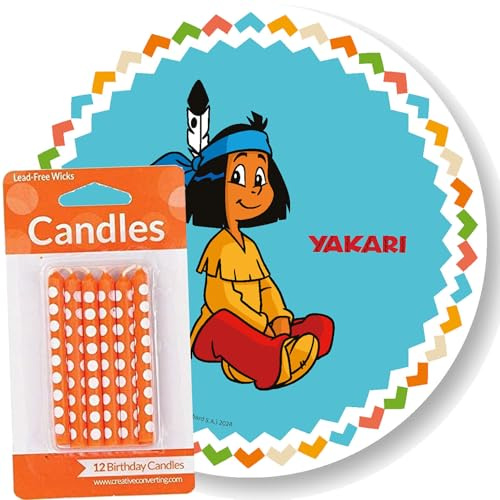 Décoration de gâteau + 12 bougies de gâteau - Motif garçon indien Yakari - Décoration de gâteau pour anniversaire d'enfant - Diamètre : 20 cm - En papier comestible - Style : Yakari
