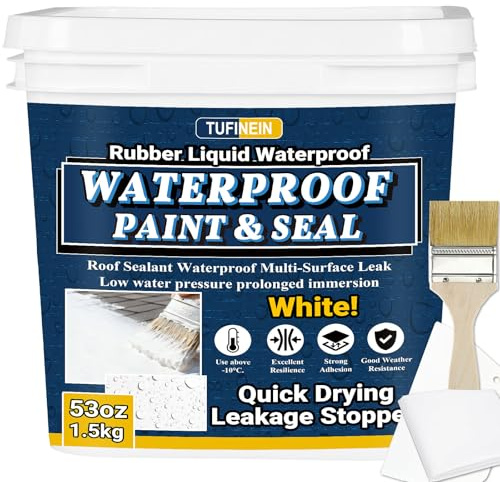 Rubber Liquid Waterproof Sealant, TUFINEIN Quick Drying Multi Surface Foundation Leak Repair - Roof Gutters Basement Sealer Waterproof - Indoor & Outdoor Flexible Rubber Paint (White, 1.5 KG)