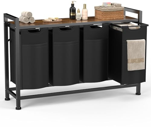Sweetcrispy Wäschesammler mit Rollen, Wäschekorb 4 Fächer, 160 L, Schwarz | mit Ablage, 4 abnehmbare Wäschesäcke, Familien-Wäschesortierer, für Waschküche/Bad