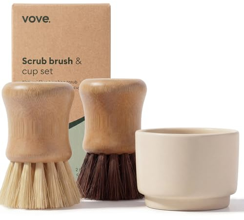 Vove Bamboo Washing Up Brush Set 3-Pack With Ceramic Holder | 1 hard and 1 medium brush, plastic-free kitchen brushes for dishes, pots and pans, FSC-certified bamboo, sisal bristles