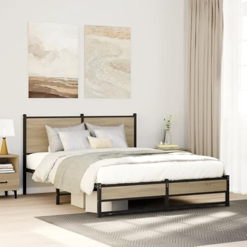 Hoopleep Metallplattform sängram, Sonoma-ek finish, 137 x 190 cm full storlek, stålkonstruktion med headboard, under-bed förvaringsplats, ingen låda vår behöver