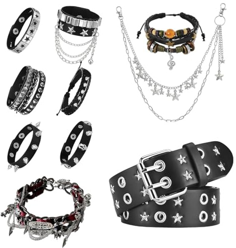 Tastetreasure 10-teiliges Y2K Unisex Accessoires Set - Inklusive Stern-Gürtel, 7-teiliges Armband-Set, Goth Choker & Metall-Taillenkette - Schwarz Leder - Grunge & Alt Streetwear