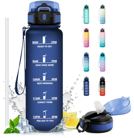 Trinkflasche Sport 1L, Trinkflasche mit Strohhalm, Wasserflasche mit Zeitmarkierung, Auslaufsicher, BPA-frei, Sportflasche für Fitness, Fahrrad, Büro, Schule, Outdoor, Erwachsene, Sprudel geeignet