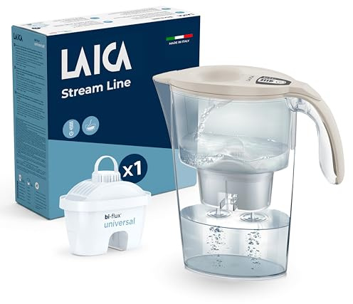 LAICA Stream Line Carafe filtrante à eau (2,3 l) – Minuterie numérique – Préserve les sels minéraux, réduit le chlore, le calcaire et les microplastiques – Filtre bi-flux universel inclus – Couleur