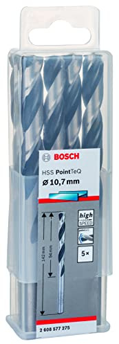 Bosch Accessories 2608577275 HSS PointTeQ (10,7 x 94 x 142 mm) - Set da 5 Pezzi di Punte Elicoidali per Trapano per Metallo, Acciaio, Fusione o Plastica, Grigio (Argento), Ø 10.7 mm