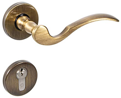 JUVA Türgriff Zimmertür Rosetten-Garnitur Vintage Türbeschlag Antik Messing brüniert - Löffel | PZ - Profilzylinder | Türklinke für Türstärke 35 – 47 mm | 1 Set Türgarnitur inkl. Befestigungsmaterial