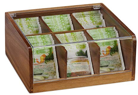 Relaxdays Scatola Porta Tè e Tisane, 90 Bustine, Organizer con Coperchio, Salva-Aroma, HLP 9,5x22x20,5 cm,legno naturale