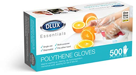 DLUX Box of 500 Disposable Polythene Gloves Clear One Size Multi-Purpose Latex Free Powder Free Lightweight Plastic Food Preparation Hair Dye Fake Tan Cleaning
