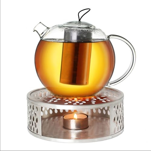 Creano Teekanne aus Glas 2,0l Jumbo + EIN Stövchen aus Edelstahl, 3-teilige Glasteekanne mit integriertem Edelstahl Sieb und Glasdeckel, ideal zur Zubereitung von losen Tees, tropffrei