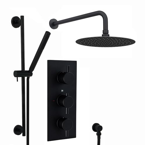 ENKI SH0313 Naples Thermostatic Concealed Slider Rail Kit, Matt Black | Solid Brass, 10-Year Guarantee, Anti-Limescale Nozzles, Swivel Spout, Stainless Steel, Rainfall Shower Head, Handset & Hose