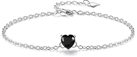 Bo&Pao Herz Armband Damen mit Zirkonia in Sterling Silber 925, Armkettchen Mädchen mit schwarz Stein in Herzform, 21 cm, verstellbar