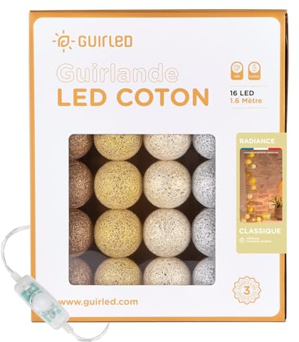 GuirLED - Guirnalda luminosa con bolas de algodón LED USB – Luz nocturna para bebé 2h – Adaptador de red doble USB 2A incluido – 3 intensidades – 16 bolas 1,6 m – Radiance