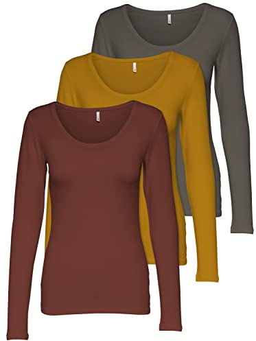 ONLY 3er Pack Damen Langarmshirt schwarz und weiß Langarm Basic Longsleeve Sommer aus 95% Baumwolle XS S M L XL 15209156 (3er Pack Farb Mix 3, L)