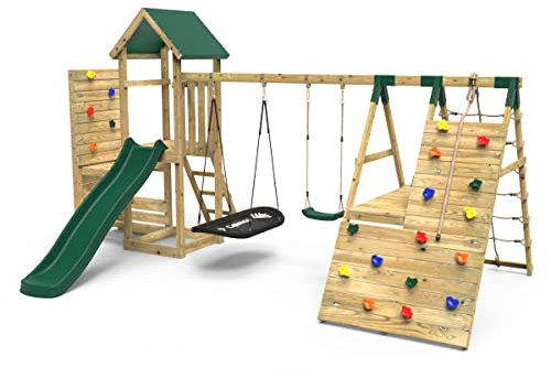 Rebo Wooden Climbing Frame with Vertical Rock Wall, Swing Set and Slide - San Luis