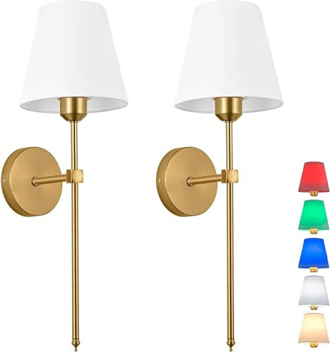 Battery Operated Wall Light Set of 2，Fabric Wall Sconce Adjustable Angle Lighting not Hardwired Fixture，with Remote Dimmable LED Bulb for Farmhouse Interior Wall Decor (Color : Gold)