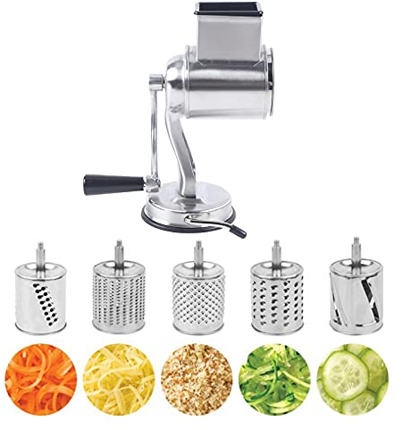 Rallador de queso con manivela, rallador de verduras con 5 cuchillas intercambiables, rallador de cocina de corte rápido, rallador de tambor adecuado para verduras, frutas, nueces, etc. (plata)