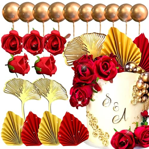 JeVenis Red Rose Rosen Blumen Golden Kugeln Hochzeit Cupcake Topper