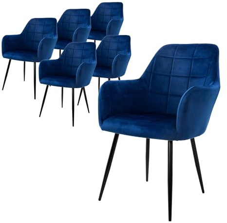 ML-Design Matrumsstolar Set om 6 Matrumsstol med ryggstöd och armstöd, mörkblå, sammetssits, stoppad, med svarta metallben, köksstol Vardagsrumsstol Stoppad stol Armstol