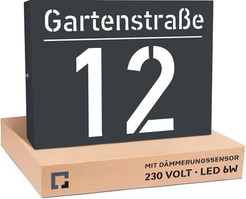 PRINTIMA Hausnummer Beleuchtet LED mit Dämmerungssensor 40x30 cm Anthrazit mit Gravur, 6W A++, 230V, wasserdicht, modernes Design, robust & stilvoll