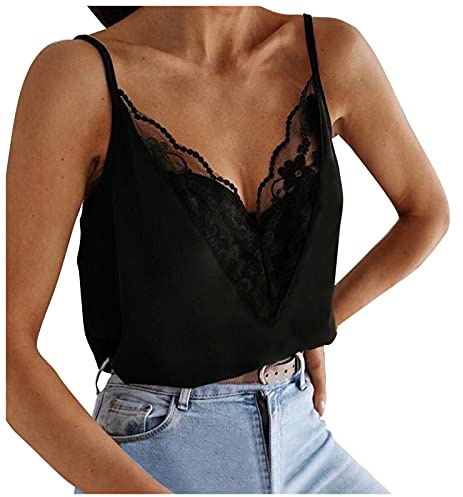 Spitzentop Damen Weiß ,Cami Top Damen,Spaghetti Top Damen V Ausschnitte Sexy Spitzen Oberteile Locker Blusentops Tshirt Tunika Bluse Sommertops Luftig Weste Tops Teenager Mädchen Tanktops Frauen
