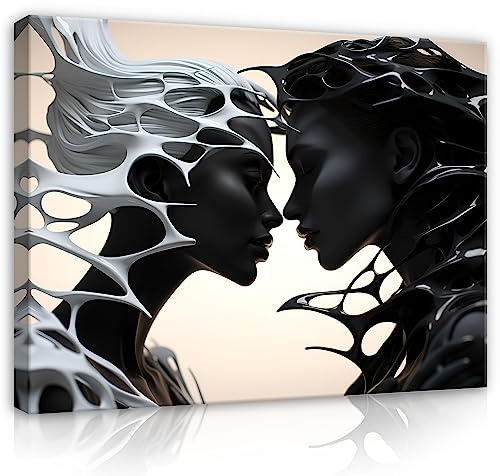 WallArena Leinwand Bilder - Abstrakt Frau Kuss schwarz weiß - 120x80 cm | Leinwandbilder, Bild auf leinwand, Wandbild XXL groß Wandbilder für Wohnzimmer Schlafzimmer Wohnzimmerbilder