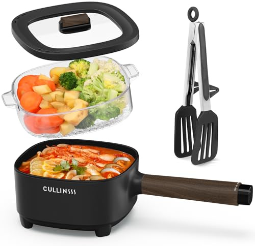 CULLINSSS 2L Hot Pot Electric with Steamer, Portable Electric Pot with Upgrade Titanium Nonstick Coating for Dorm, Office, Travel, Multi Cooker Pot for Ramen, Soup, Oatmeal (Tongs Included)