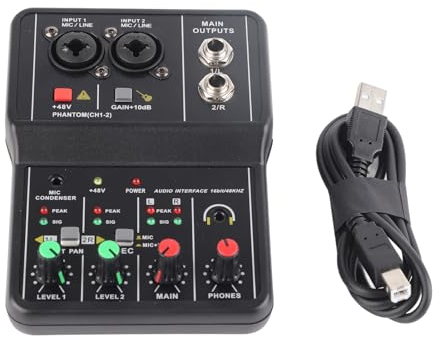 Cyrank 2 Channels Audio Mixer, Portable USB Mini Sound Board Console Sound Card with 48v Phantom Power for Studio Live Show Party Recording