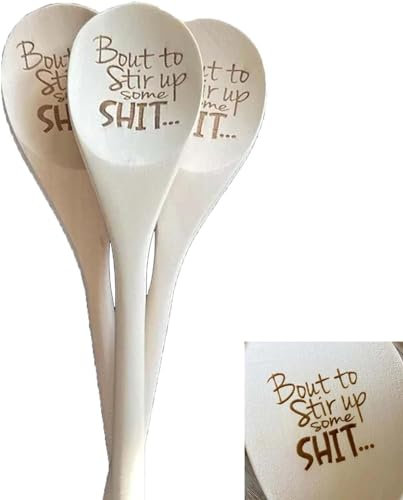 Lot de 3 cuillères amusantes en bois avec gravure « Bout to Stir Up Some Shit » - Cadeau de Noël personnalisé - 30,5 cm