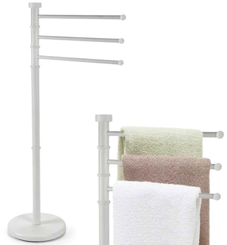 BAKAJI Portasciugamani da Terra Modello Milano con 3 Aste Regolabili, Porta Asciugamani a Piantana con Base Rotonda, Stand Organizzatore a 3 Livelli Ruotanti da Bagno Autoportante (Bianco)