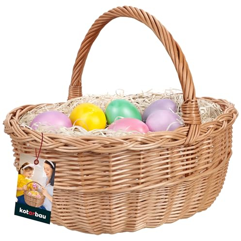 KOTARBAU® Weidenkorb Osterkorb mit Henkel Rund Natural 33x26,5x29 cm Osterkörbchen Weidenkorb mit Henkel Kinder Weidenkörbchen Pilzkörbe Korb geflochten mit Henkel Weidenkörbe Einkaufskorb