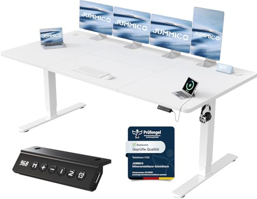JUMMICO Höhenverstellbarer Schreibtisch 200 x 80 cm, USB-A-Anschluss | Schreibtisch Höhenverstellbar Elektrisch, Erinnerung bei langem Sitzen Stehschreibtisch, Computertisch für Homeoffice Weiß