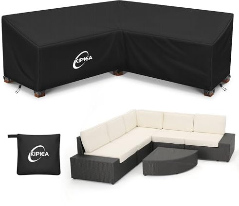 Kipiea Funda para Muebles de Jardín en Forma de L, Fundas Sofá Jardin Exterior Impermeable, 420D Tela Oxford Funda Protectora Sofá Exterior en L, Resistente al Viento, Anti-UV (250x250x85x78/61cm)