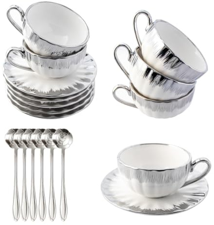 CHANJOON Set von 6 Teetassen Tee Tablett Teelöffel, 6 oz Keramik Kaffeebecher Set mit galvanischen Goldrand und Geschenk-Box, Kaffeebecher, weißer Tee Becher Set, (silver color, medium)