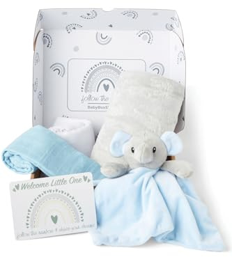 Baby Box Shop - 5 Articoli Essenziali per Neonato Ideali come Regali per Baby Shower e Battesimo per Ragazzi, Piumino con Elefante, Coperta in Pile, 2 Panni in Mussola