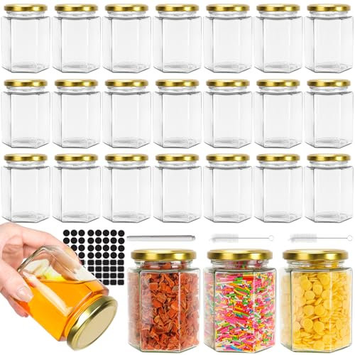 CulnCraz 270 ml Hexagonal Glass Jars with Gold Lids, 24 Pack 9 oz Airtight Canning Jars, Food Storage Jars for Spice, Jam, Honey, Yogurt, Tea, with 2 Brushs and 40 Stickers and1 Pen for Labeling