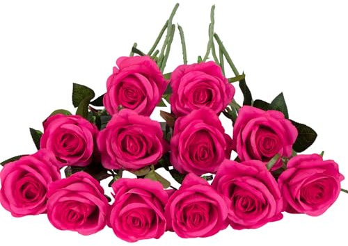 Laelfe 12 Pcs Hot Pink Roses Artificial Flowers, Single Long Stem Faux Silk Fuchsia Roses Fake Flowers for Wedding Bridal Bouquets Home Party Arrangment Hotel Garden Decorations (Fuchsia)